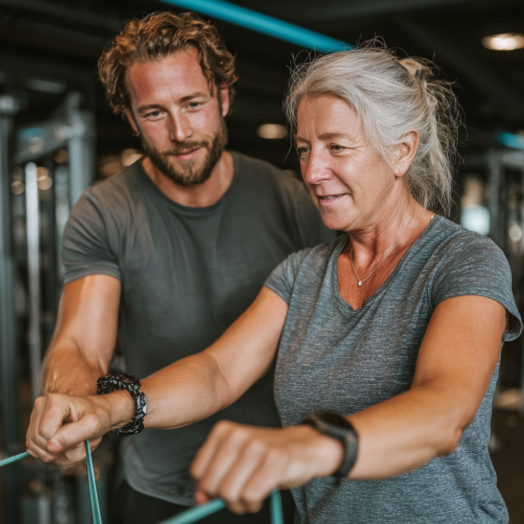 Personal trainer working with a middle-aged client using resistance bands in a modern gym environment, demonstrating proper exercise technique