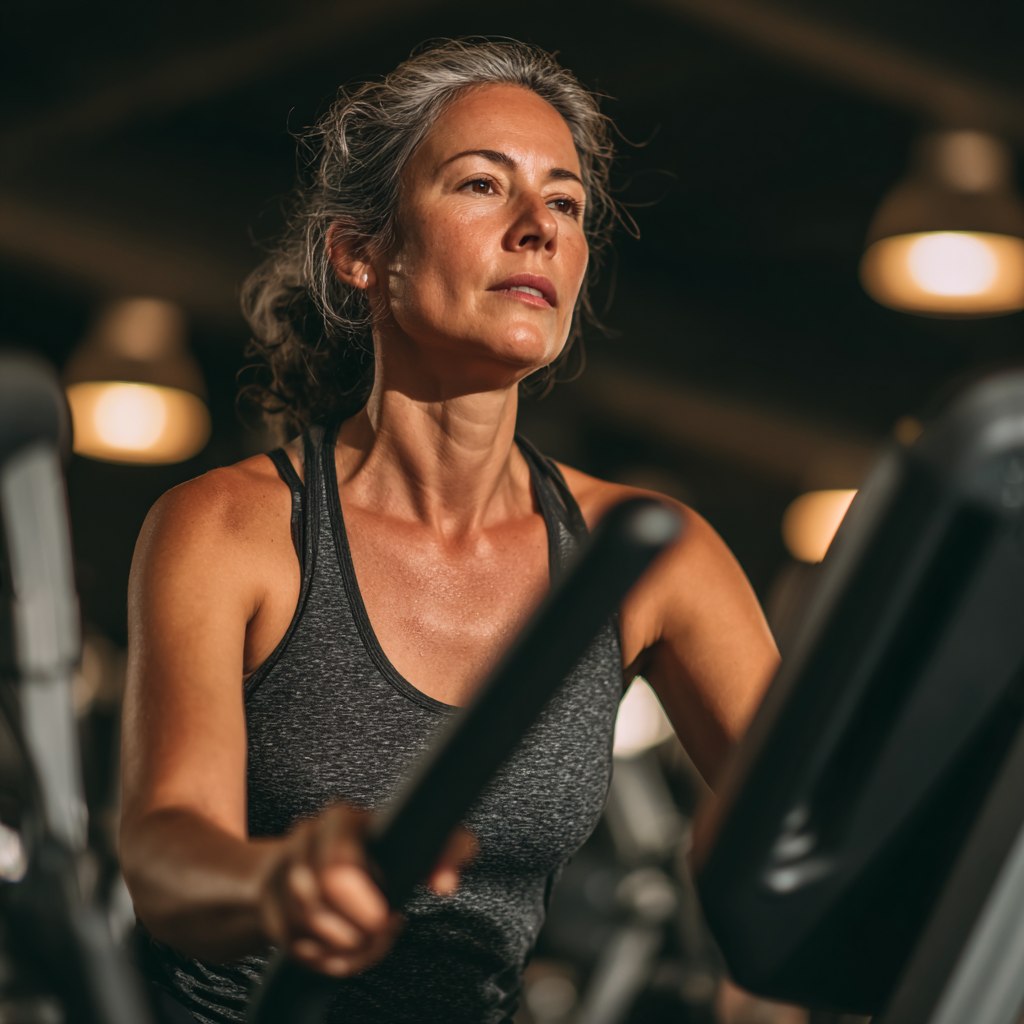 Woman in her forties performing cardio workout on elliptical machine in a well-equipped fitness center, showing proper posture and focus